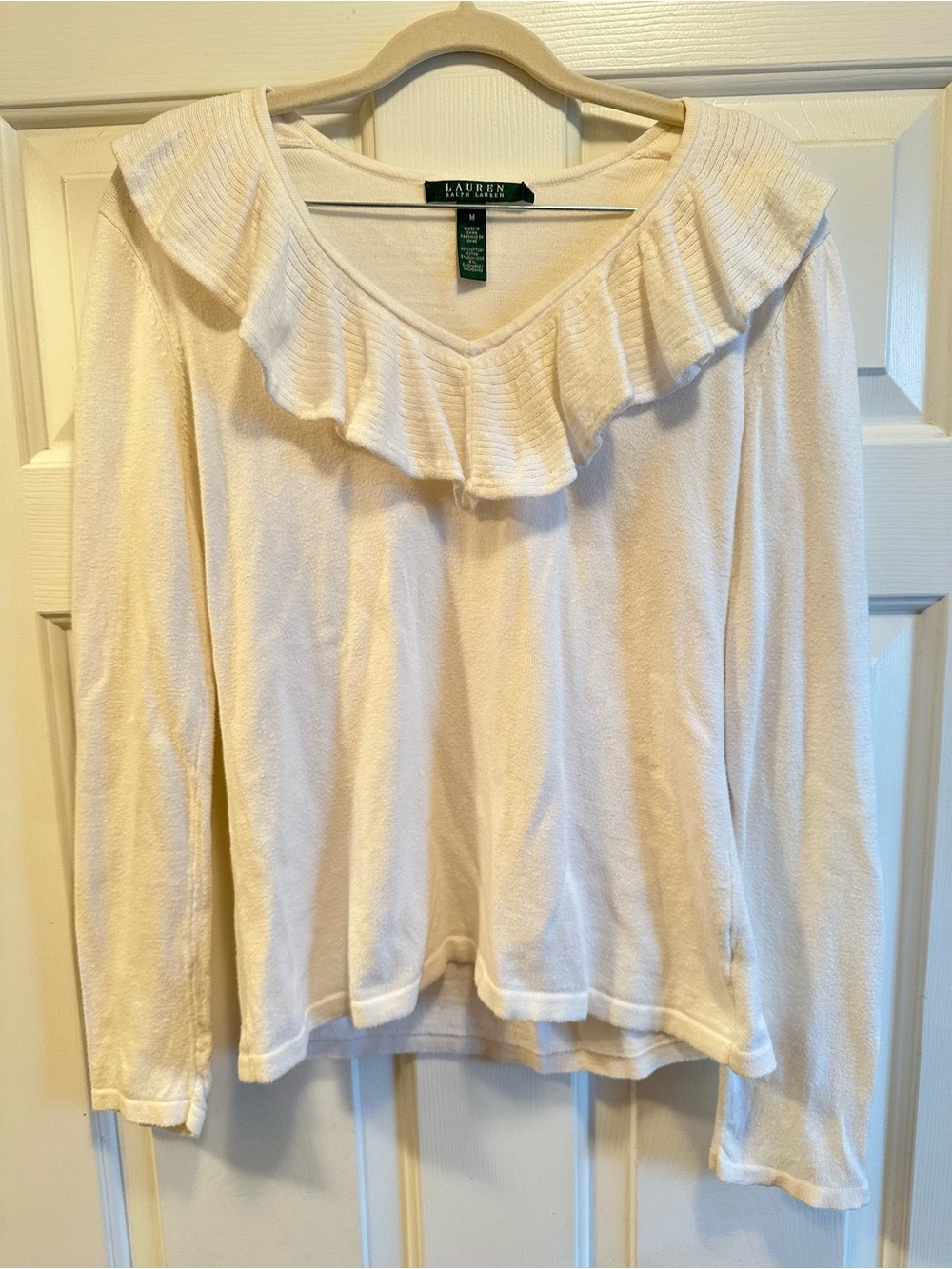 Ralph Lauren Classic Ruffle Neck Cotton Ivory Sweater M Feminine Light Academia